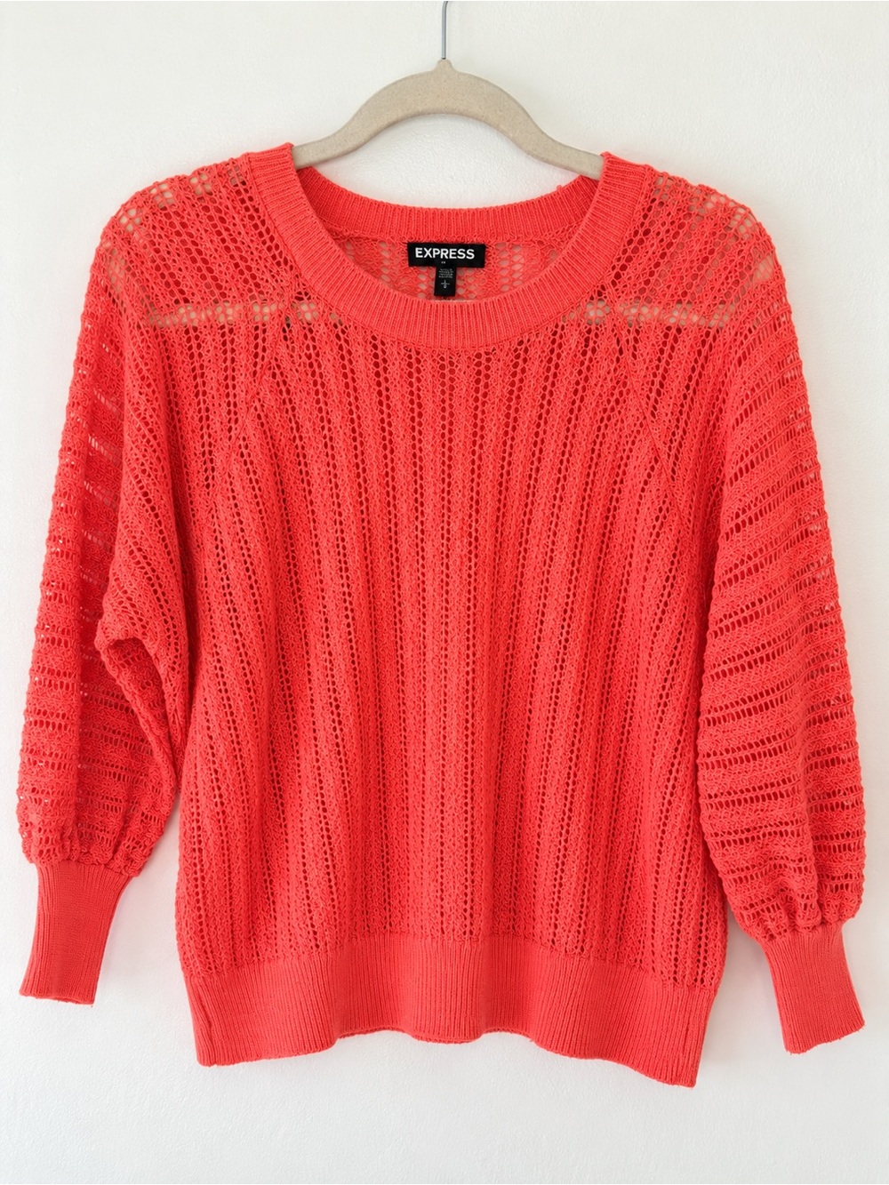 Express Women's Open-Weave Coral Crewneck Sweater